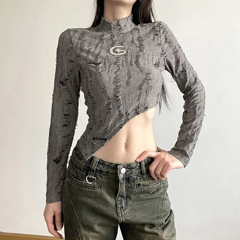 School T-Shirts for Uniform -Women's Grunge Stand Collar Irregular Hem Long Sleeved Crop Top