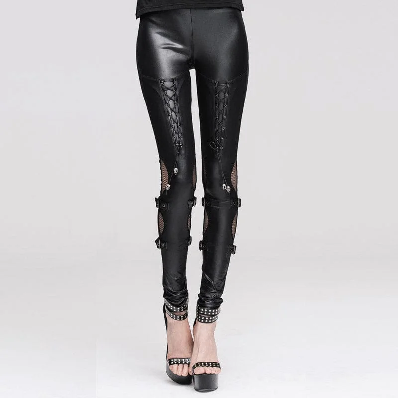 Comic T-Shirts for Comic Fans -Women's Punk Lacing-up Cutout Faux Leather Leggings