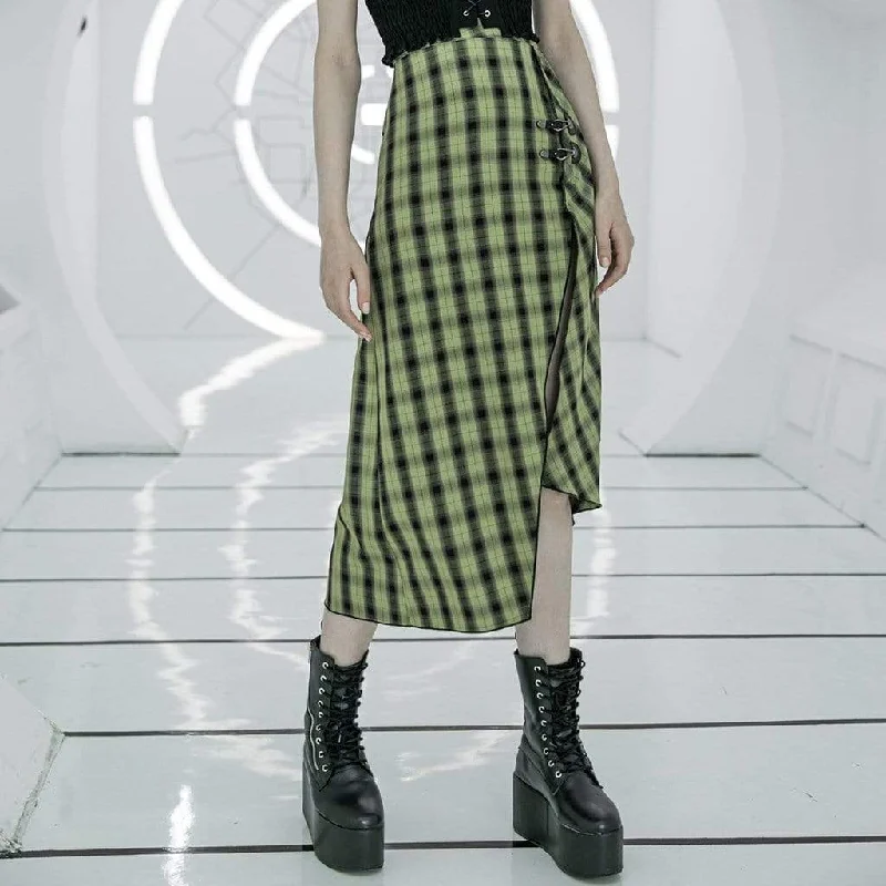 Athletic T-Shirts for Sports Look -Women's Grunge High-waisted Green Plaid Side Slit Irrgular Skirts