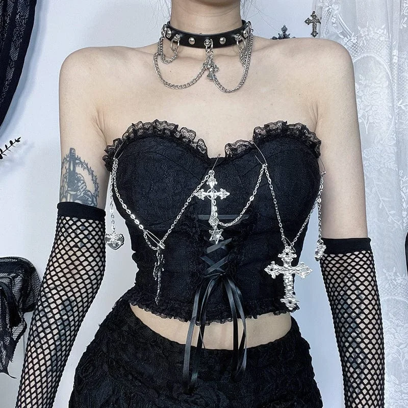 Office T-Shirts for Workplace -Women's Gothic Cross Chain Lace Bustier