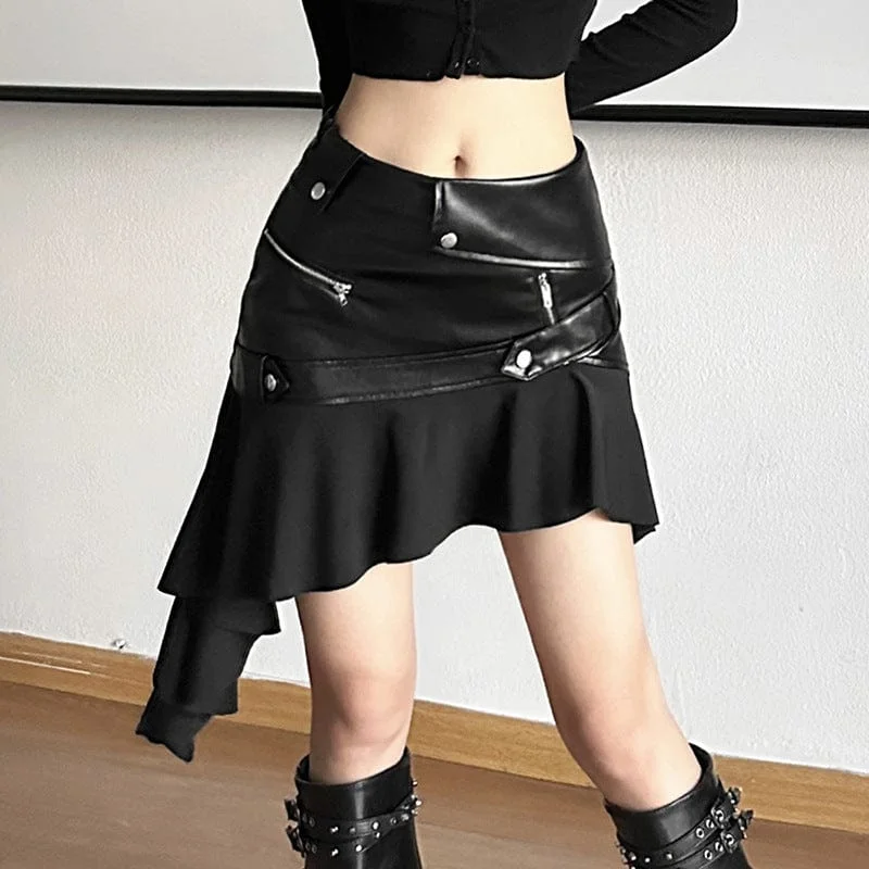 Green T-Shirts for Nature Vibe -Women's Punk Irregular Hem Faux Leather Skirt