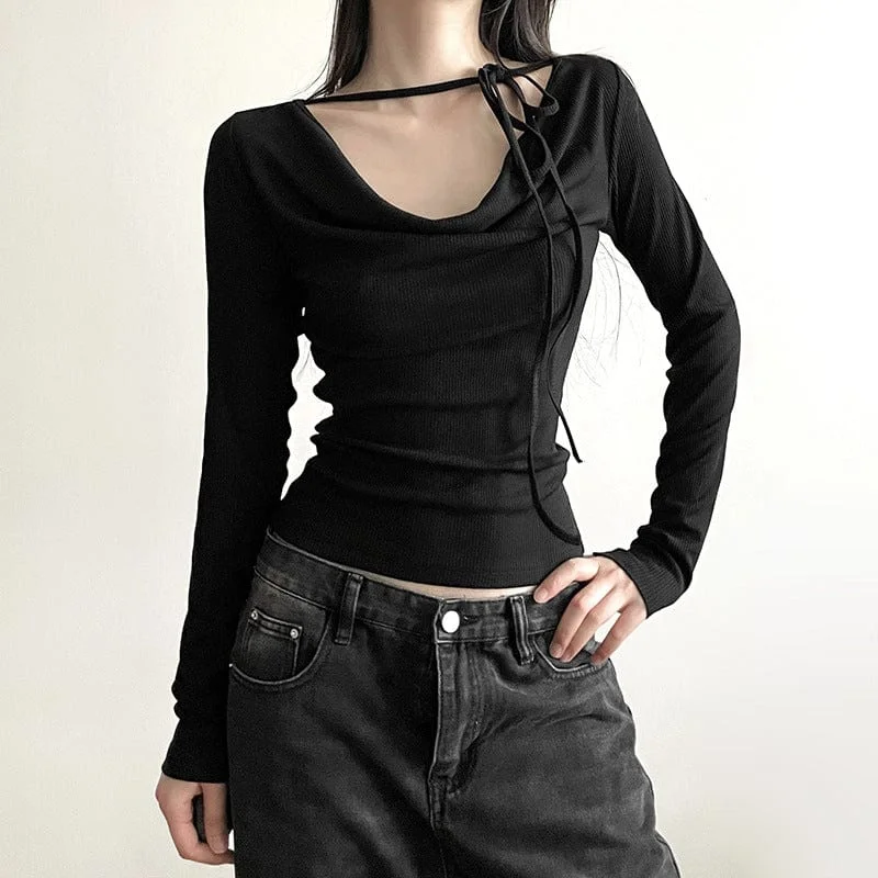 Round Neck T-Shirts for Simple Design -Women's Punk V-neck Lacing-Up Long-sleeved Shirt