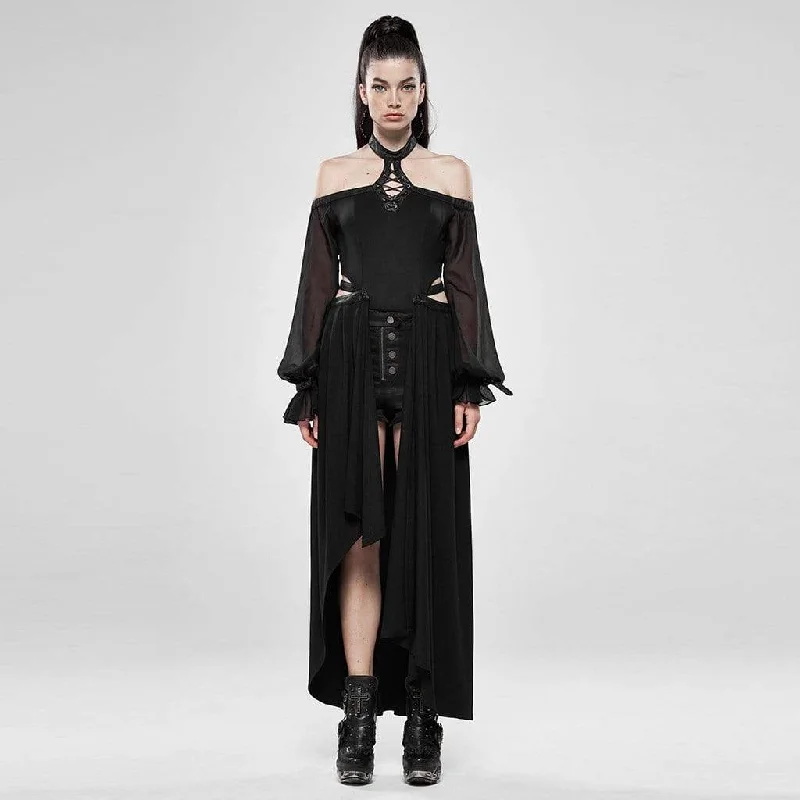 Tasseled T-Shirts for Exotic Look -Women's Goth Halterneck Jumpsuit With Detachable Half Skirt