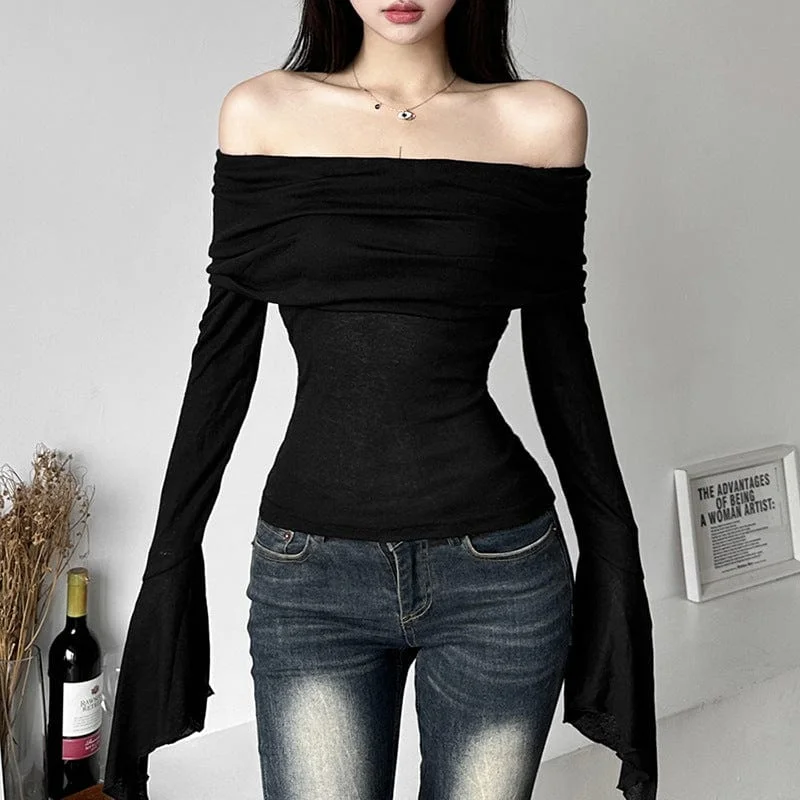 Rhinestone T-Shirts for Bling Look -Women's Punk Off Shoulder Flare Sleeve Shirt