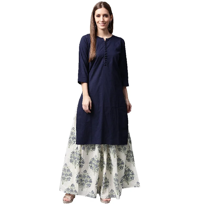 Blue Dresses for Classic -NOZ2TOZ Blue 3/4Th Sleeve Cotton Kurta With White Printed Skirt