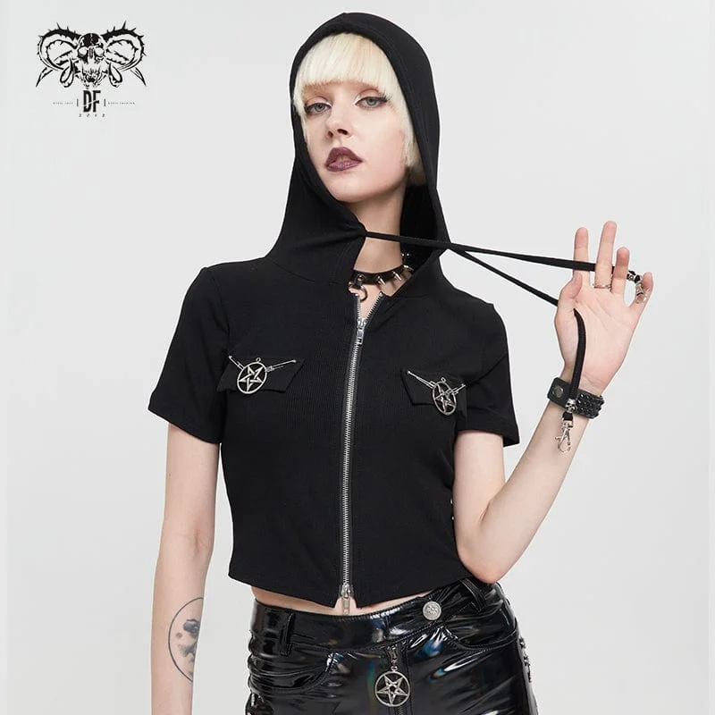 Silk T-Shirts for Luxurious Feel -Women's Punk Metal Star Double Zipper Short Sleeved Crop Top