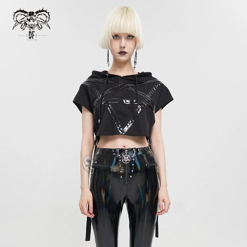 Rhinestone T-Shirts for Bling Look -Women's Punk Strap Splice Asymmetric Short Sleeved Crop Top