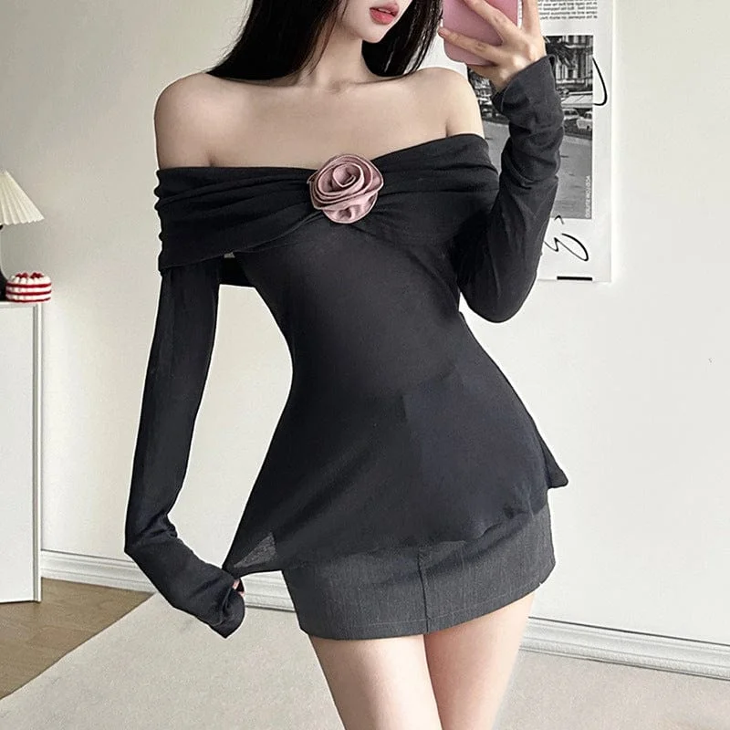 Loose T-Shirts for Relaxed Style -Women's Grunge Flower Off Shoulder Long Sleeved Shirt