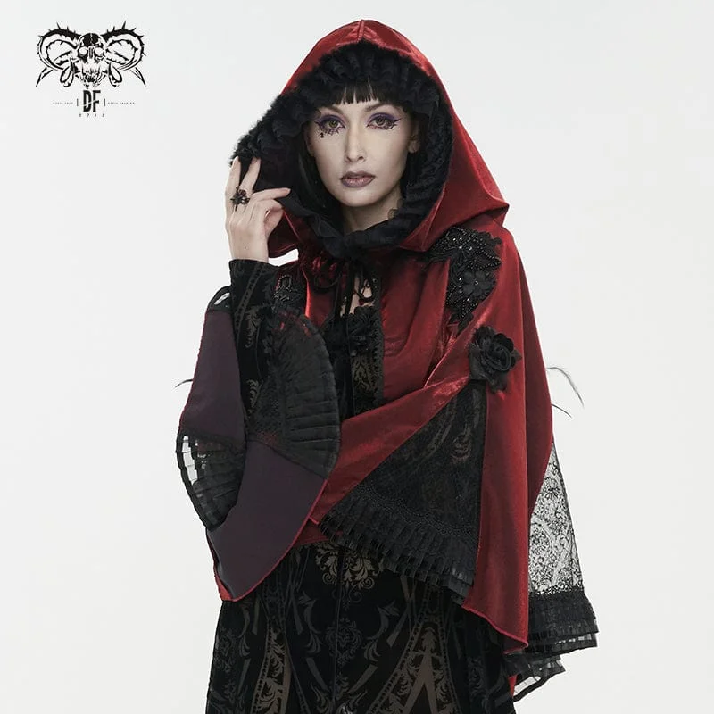 Custom T-Shirts for Personalized -Women's Gothic Floral Embroidered Ruffled Cloak Red