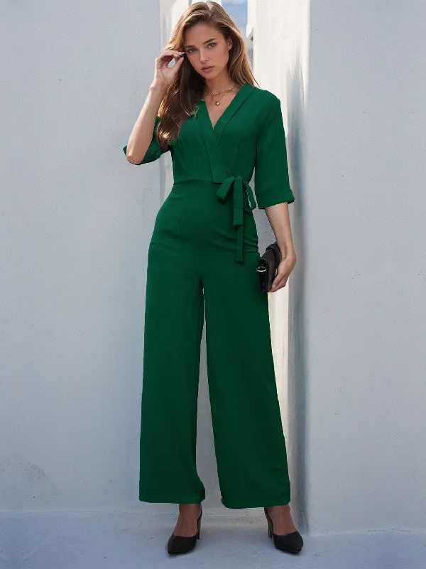 College T-Shirts for Campus Wear -Perfee Surplice Half Sleeve Wide Leg Jumpsuit