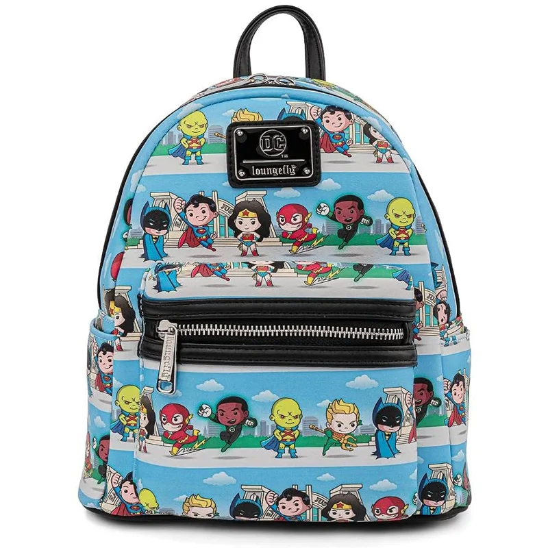 Sports gym backpack with shoe storage compartment -Loungefly DC Superheroes Chibi Lineup Mini Backpack