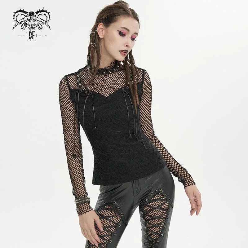 Fan T-Shirts for Supportive -Women's Gothic Skulls Mesh Splice Shirt