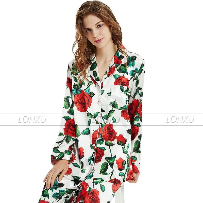 Polyester T-Shirts for Durable Wear -Women Silk Pajama Set, Floral