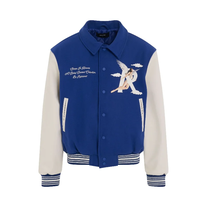 Vintage-inspired backpack with brass buckle details -Storms in Heaven Varsity Jacket in Cobalt Blue