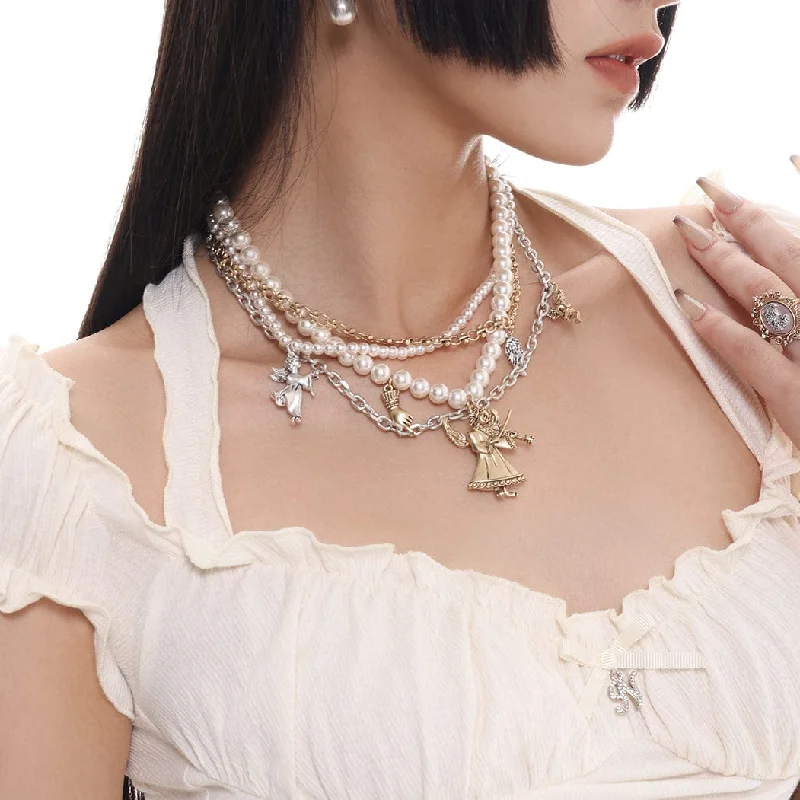 Formal T-Shirts for Occasions -Women's Vintage Angel Multilayer Pearl Necklace