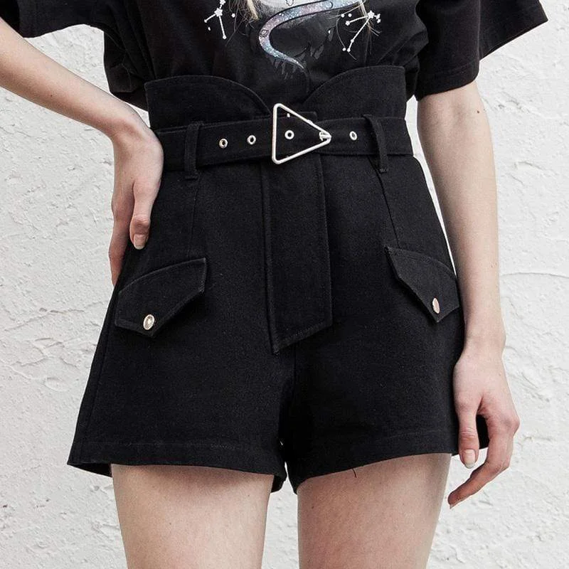 Studded T-Shirts for Edgy Style -Women's Punk High-waisted Love Heart A-line Black Shorts with Belts