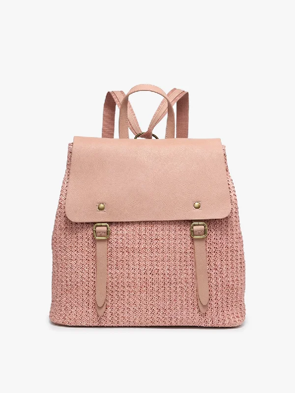 Vintage-inspired backpack with brass buckle details -Faye Vegan Woven Backpack