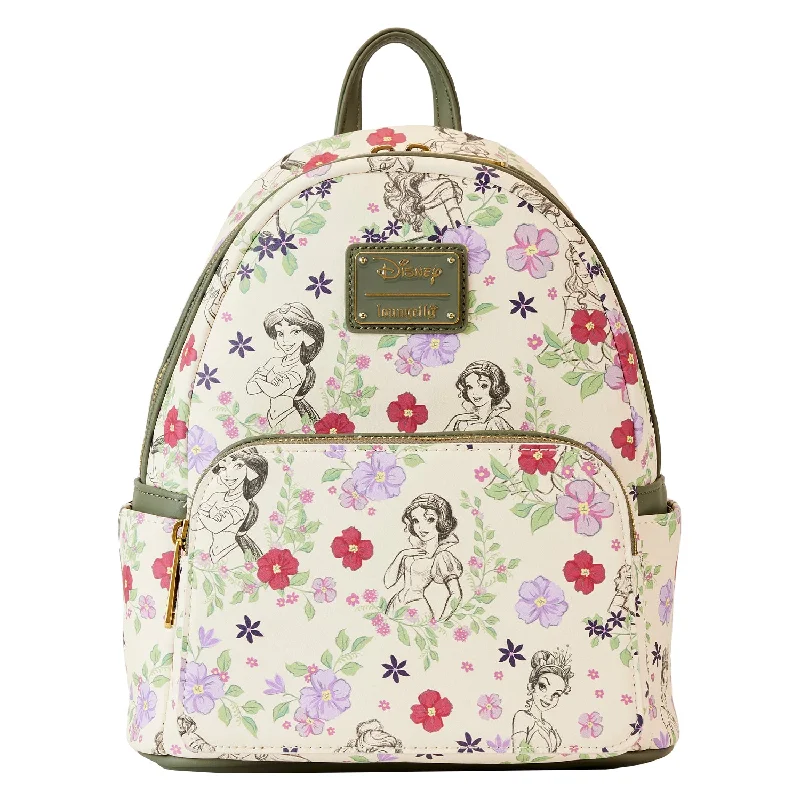 Travel backpack with built-in USB charging port -Loungefly Disney Radar Toys Exclusive Princesses Sketch Print Mini Backpack