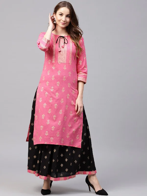 Purple Dresses for Royalty -NOZ2TOZ Pink Golden Print 3/4Th Sleeve Cotton Kurta With Black Printed Skirt