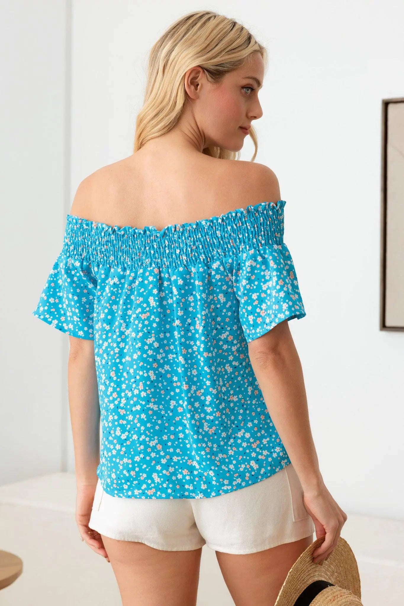 Beaded T-Shirts for Glamorous Touch -Off Shoulder Smocking Band Ditsy Print Top