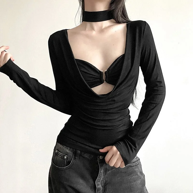 Party T-Shirts for Night Out -Women's Punk Plunging Long Sleeved Shirt with Bra and Choker