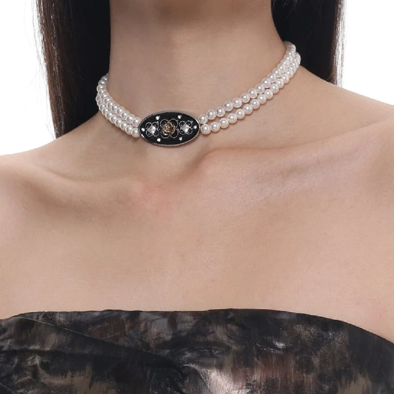 Checkered T-Shirts for Stylish Vibe -Women's Gothic Rose Pearl Layered Choker