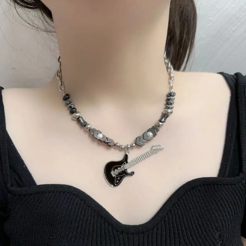 Hiking T-Shirts for Trail Walks -Women's Punk Guitar Pendant Choker