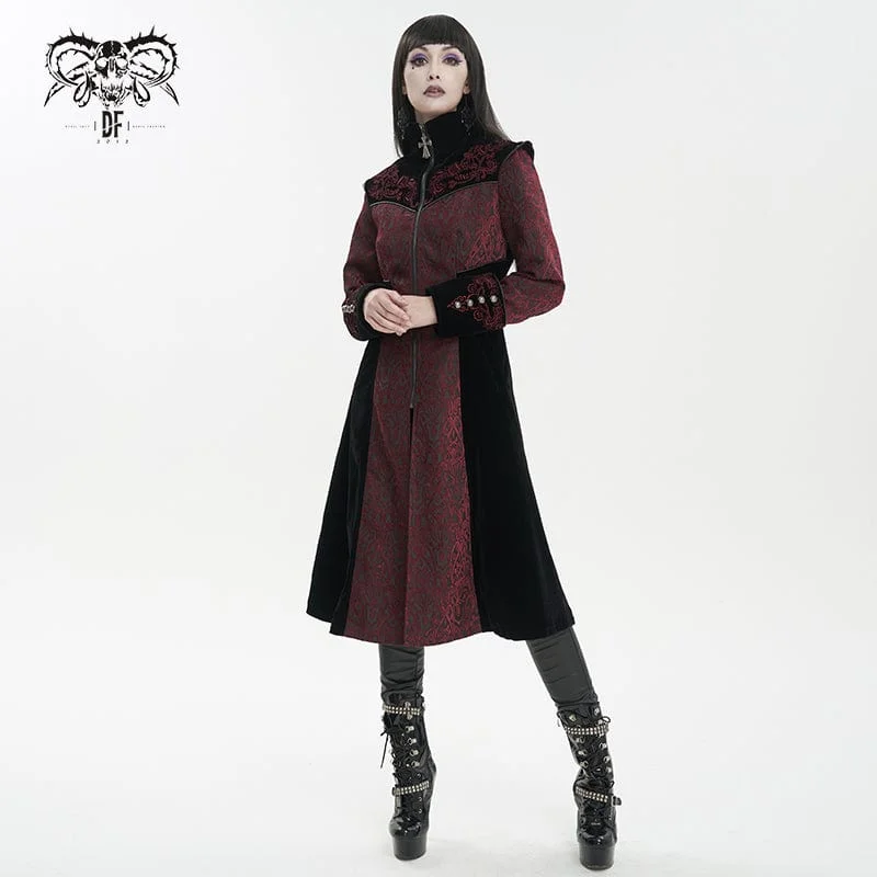 Black T-Shirts for Versatile Use -Women's Gothic Stand Collar Floral Embroidered Coat Red