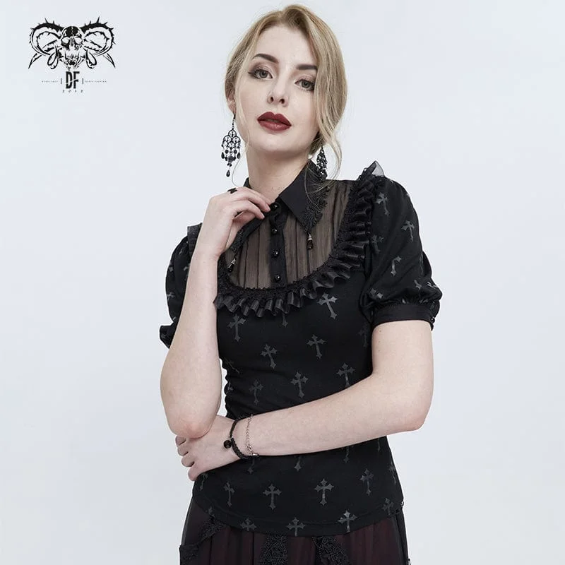 Patchwork T-Shirts for Unique Style -Women's Gothic Cross Printed Ruffled Shirt