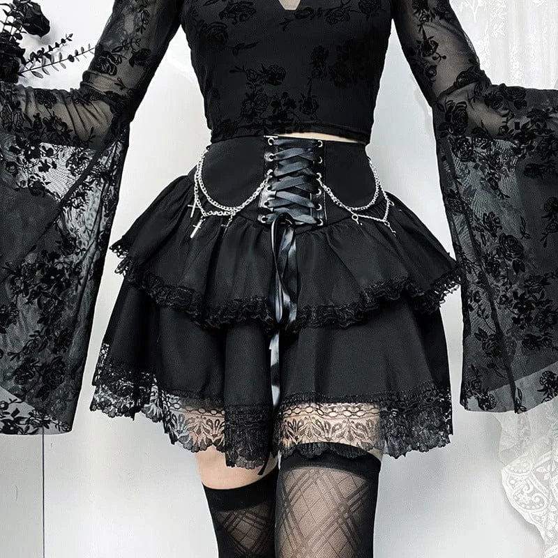 Floral T-Shirts for Feminine Appeal -Women's Gothic Lace-up Lace Hem Skirt with Chain