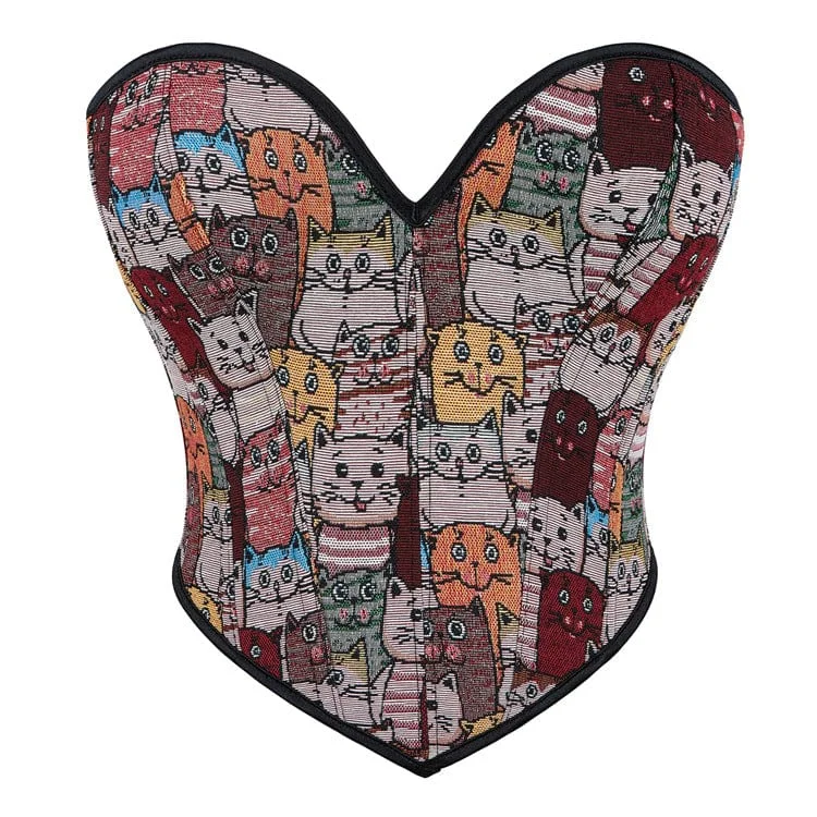 Beach T-Shirts for Sunny Days -Women's Grunge Colourful Cat Embroidered Overbust Corset