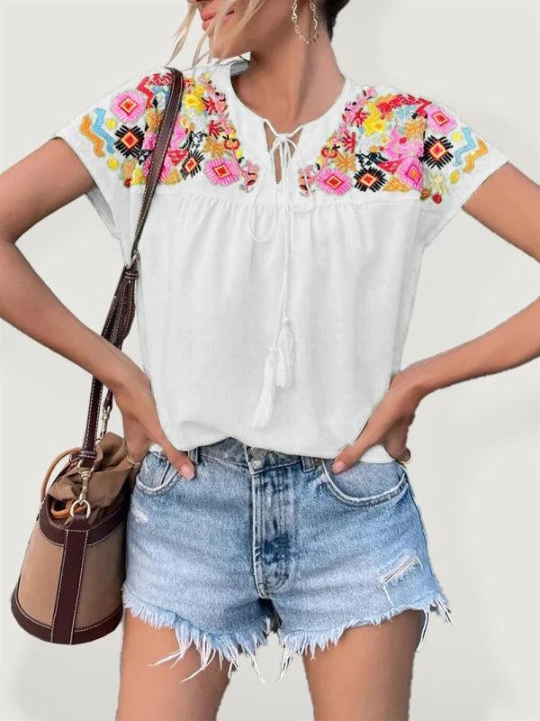 Round Neck T-Shirts for Simple Design -Embroidered Tassel Tie Top