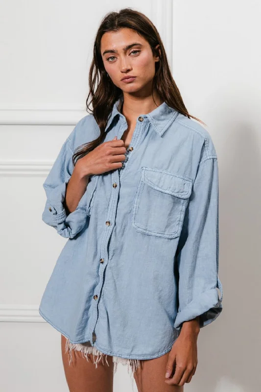 Polyester T-Shirts for Durable Wear -BiBi Button Down Stitch Detail Shirt with Chest Pockets