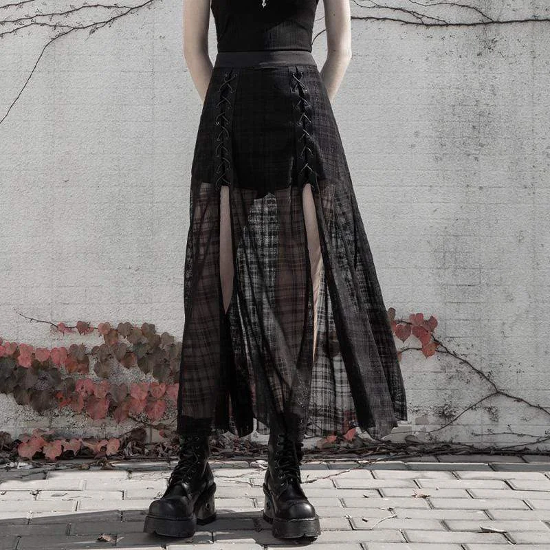 TV Show T-Shirts for Series Fans -Women's Grunge Side Slit Lacing Plaid Chiffon Maxi Skirts