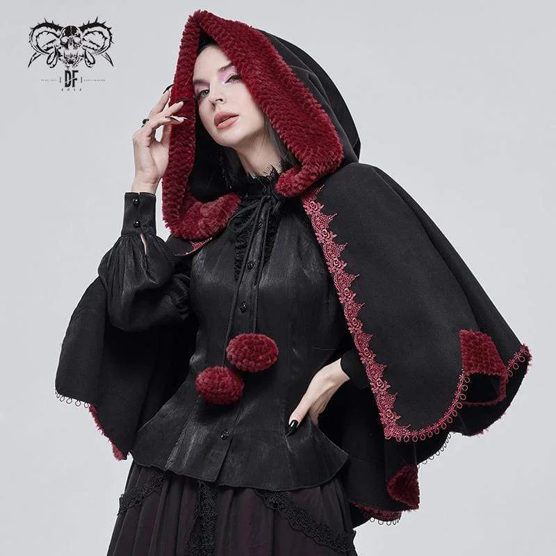 School T-Shirts for Uniform -Women's Gothic Floral Embroidered Splice Cape with Hood Black