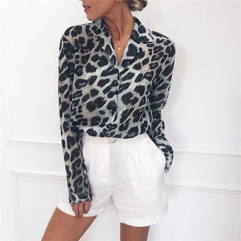 Printed T-Shirts with Graphic Designs -Chiffon Blouse Long Sleeve Sexy Leopard Print Blouse Turn Down Collar Lady Office Shirt Tunic Casual Loose Tops