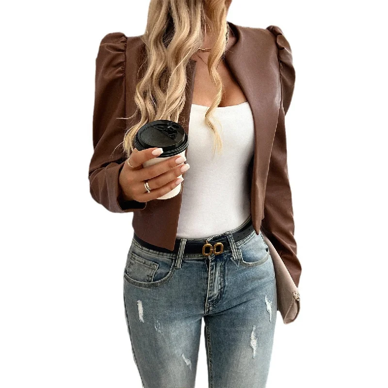 Long Sleeve T-Shirts for Extra Coverage -Autumn and winter new European and American jacket, women's temperament, casual cardigan, solid color leather jacket