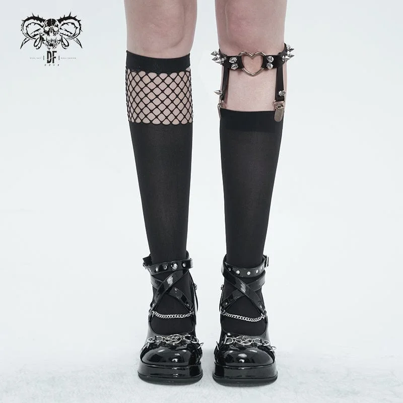 Designer T-Shirts for Luxury Look -Women's Punk Asymmetrical Mesh Splice Socks with Garter