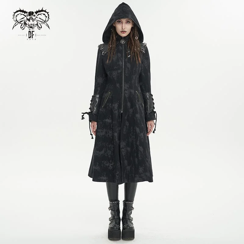 Modern T-Shirts for Trendy Fashion -Women's Gothic Faux Leather Splice Distressed Coat with Hood