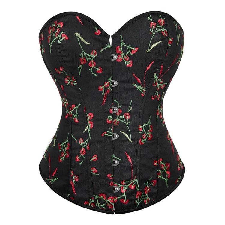 Black T-Shirts for Versatile Use -Women's Grunge Floral Embroidered Overbust Corset