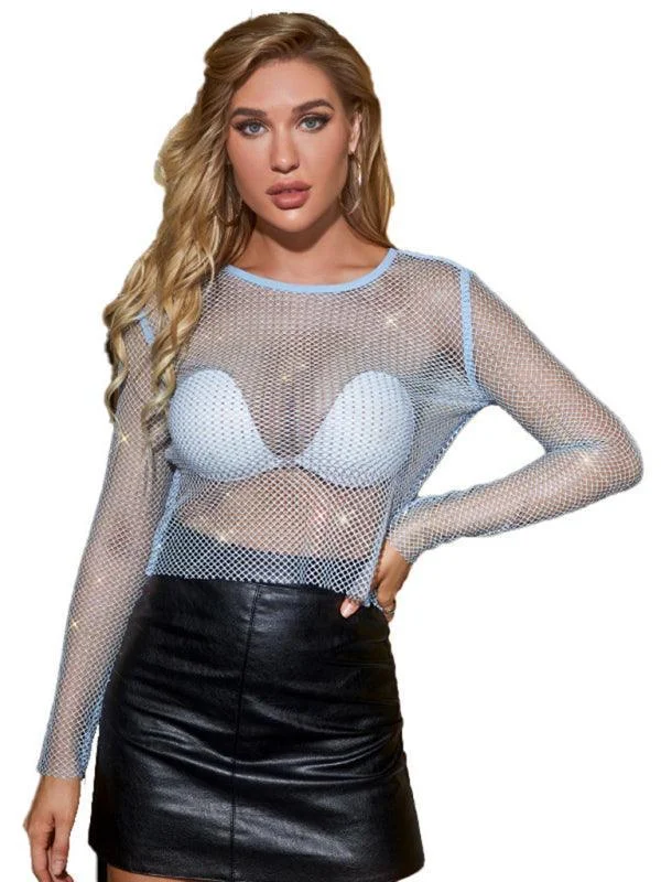 Running T-Shirts for Exercise -Embellish Sheer Fishnet Women Crop Top