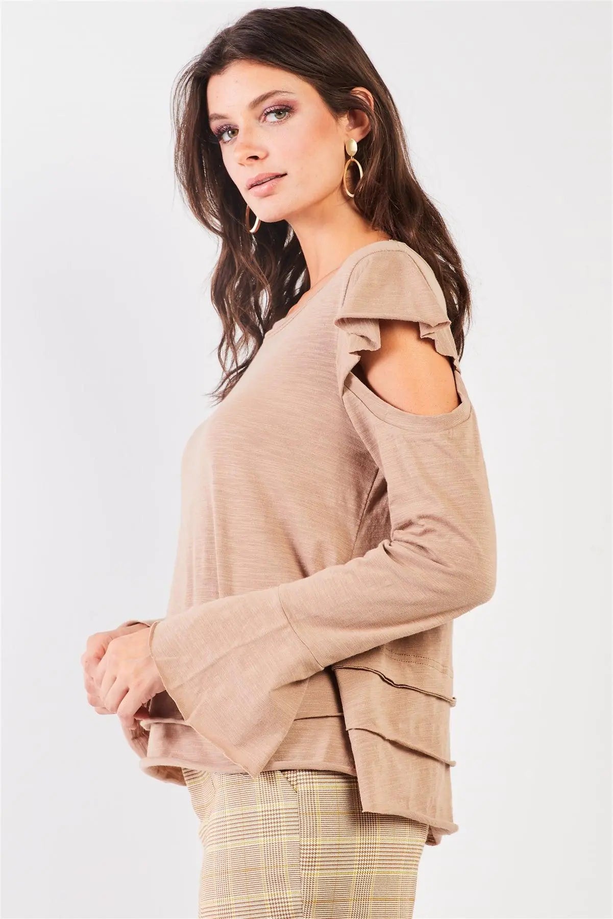 High School T-Shirts for Students -Taupe Cut-Out Shoulder Bell Sleeve Raw Edge Detail Layered Hem Top /2-2-2