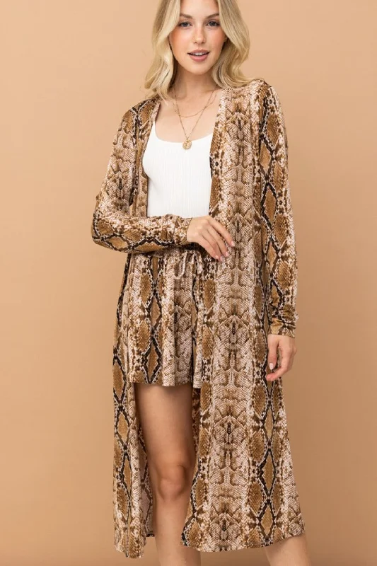 Movie T-Shirts for Film Fans -And The Why Snake Print Kimono Open Front Longline Cardigan