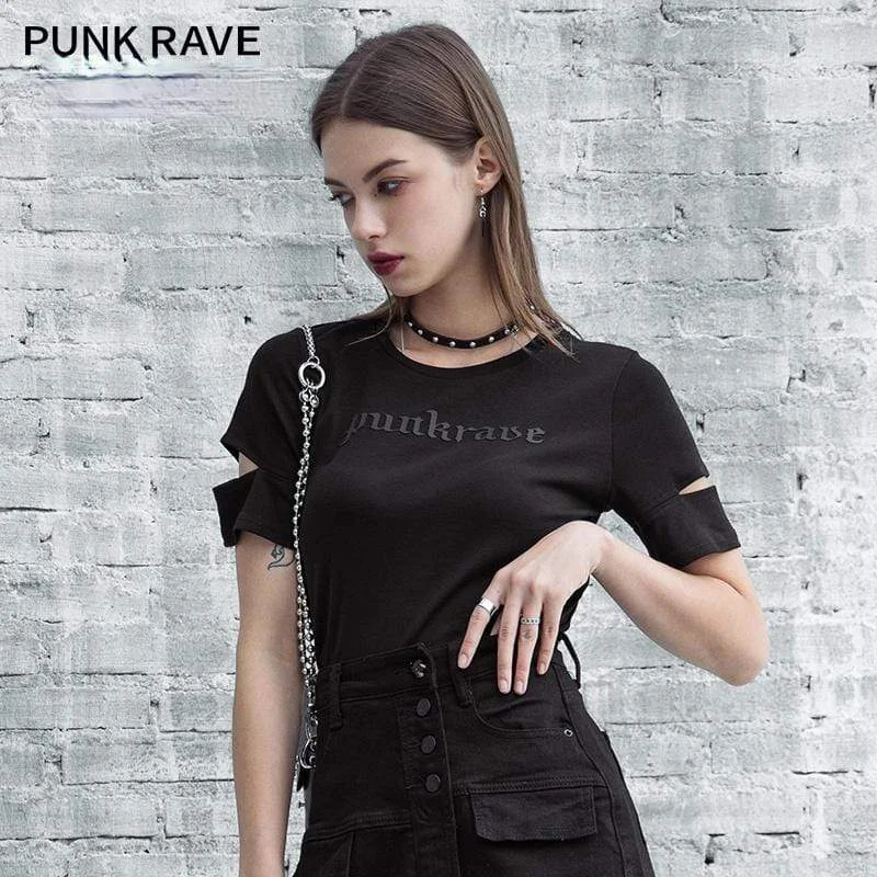 Crew Neck T-Shirts for Classic Style -Women's Grunge Punk Rave Printed Cutout Sleeved Crop Top Tees