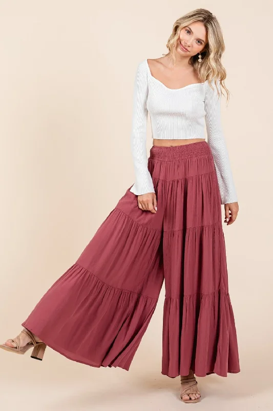 Art T-Shirts for Creative People -Mittoshop Tier Detail Smocked Elastic Waist Wide Leg Pants