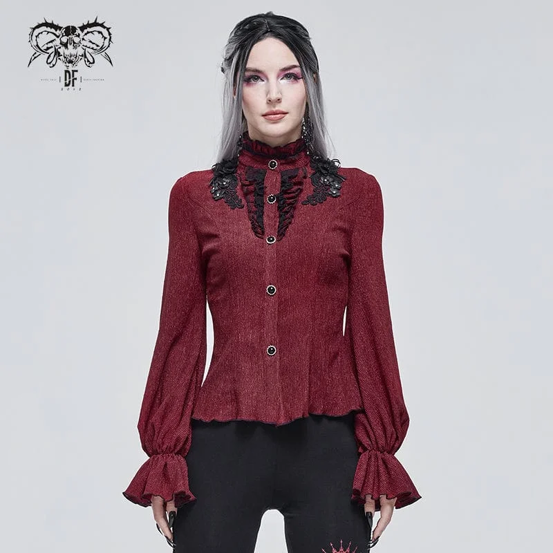 Gray T-Shirts for Subtle Style -Women's Gothic Strappy Puff Sleeved Ruched Red Shirt