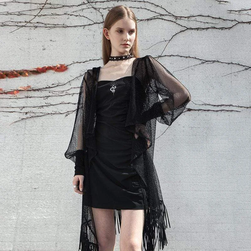 Casual T-Shirts for Everyday Wear -Women's Goth Hooded Mesh Sheer Long Jackets with Tassels