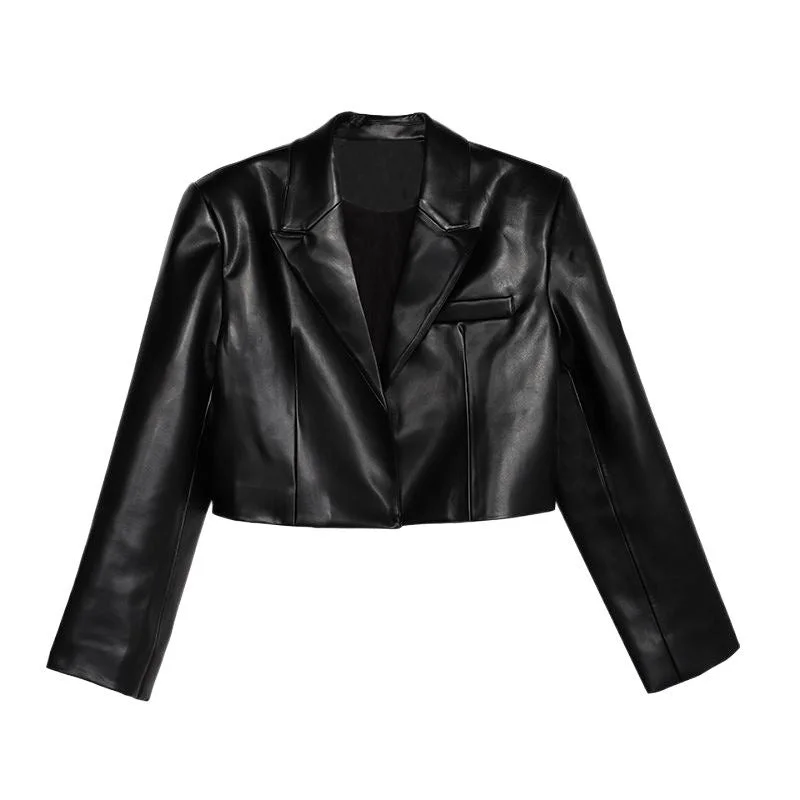 Fan T-Shirts for Supportive -Black short high waisted small leather jacket women's explosive street high-end design fashionable jacket