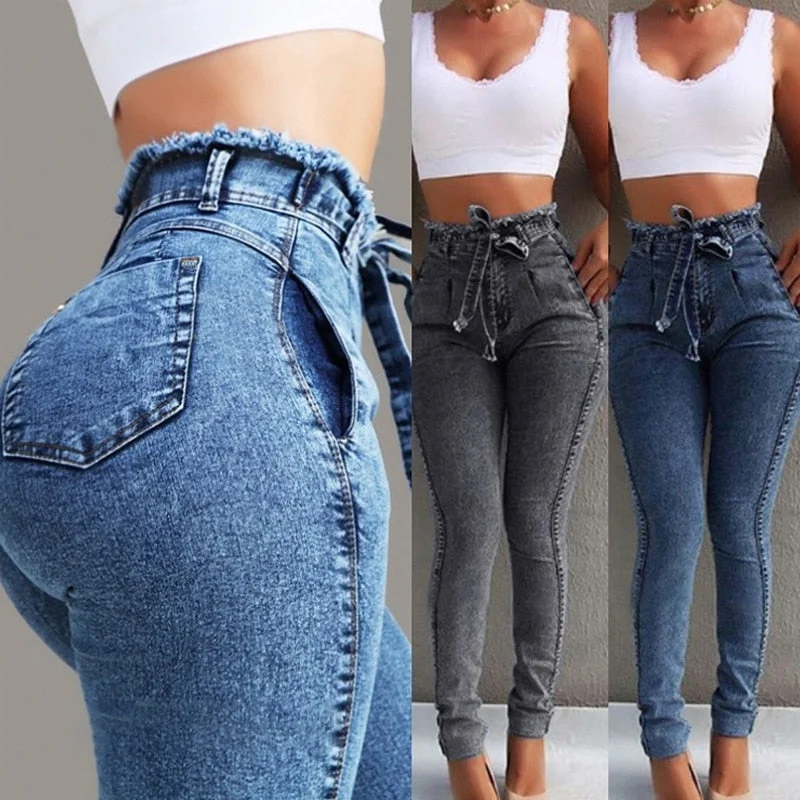 College T-Shirts for Campus Wear -High Waist Jeans Women Streetwear Bandage Denim Plus Size Jeans Femme Pencil Pants Skinny Jeans