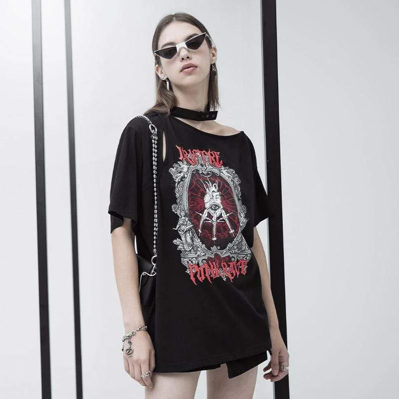 Red T-Shirts for Statement Look -Women's Grunge Punk Rave Printed Halterneck Slash Shoulder Casual Long Tees